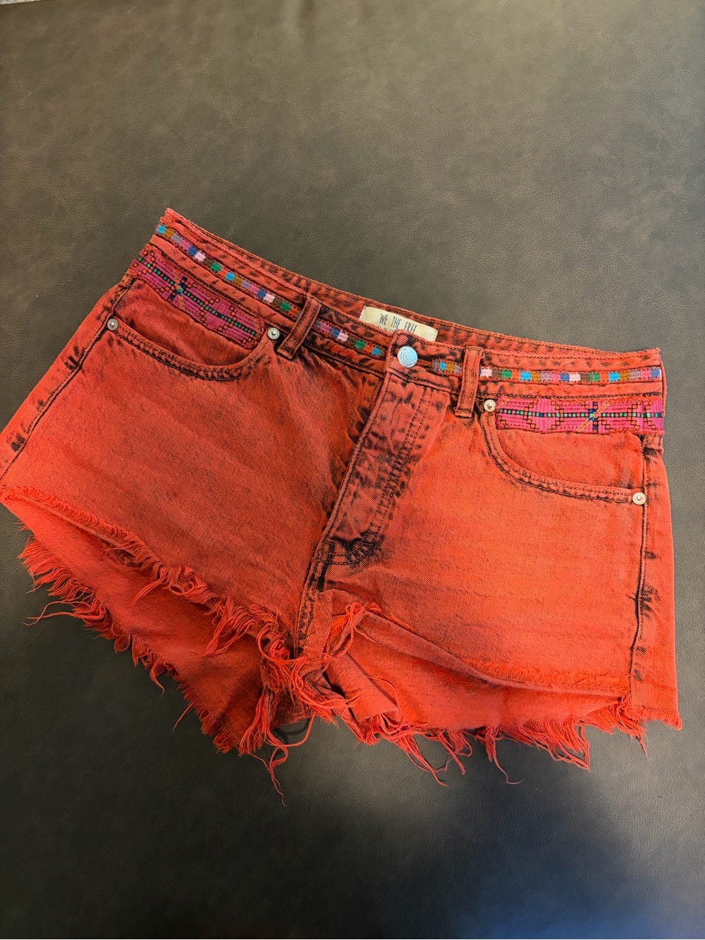 We The Free Embroidered Waistband Red Denim Cutoff Shorts 28